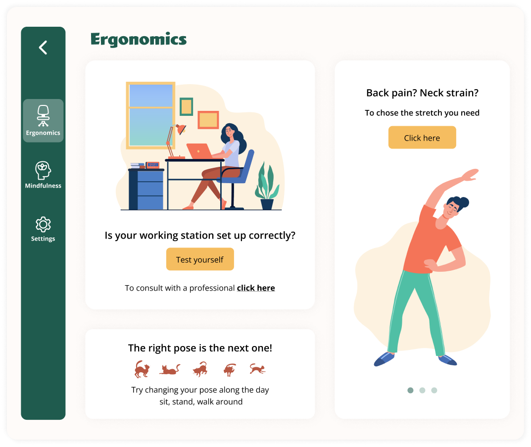 ErgoFriend desktop app — Ergonomics screen showing workstation check and a stretch recommendation