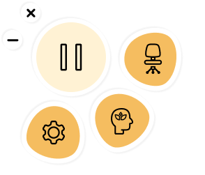 Hover menu — a large pause button and three small icons for Ergonomics, Mindfulness and Settings