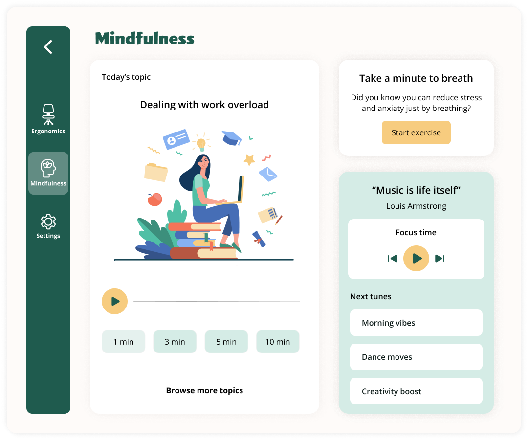 Mindfulness screen — topic of the day, length selector, breathing exercise, and focus music playlist