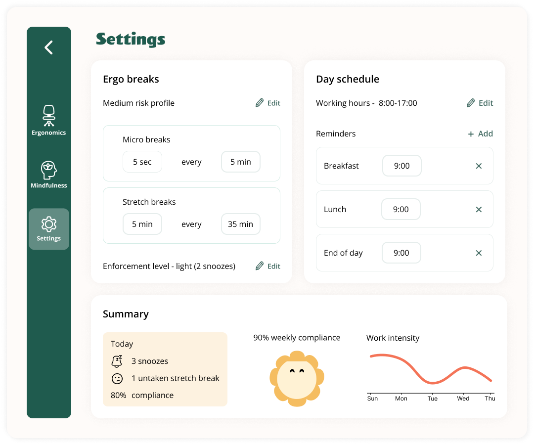 Settings screen — Ergo breaks cadence, day schedule and fixed reminders, weekly summary with compliance and work intensity