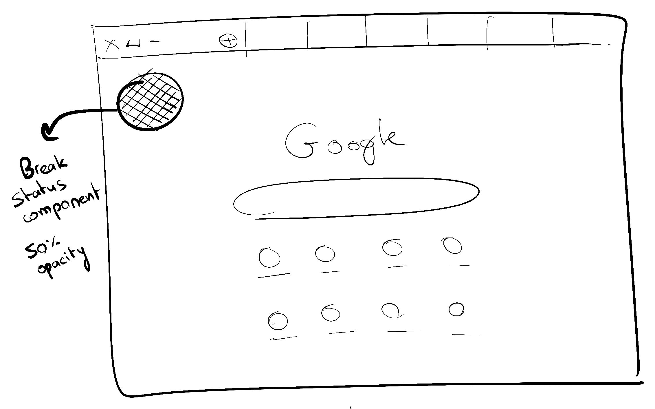 Handwritten wireframe of the break status component floating on a browser window at 50% opacity