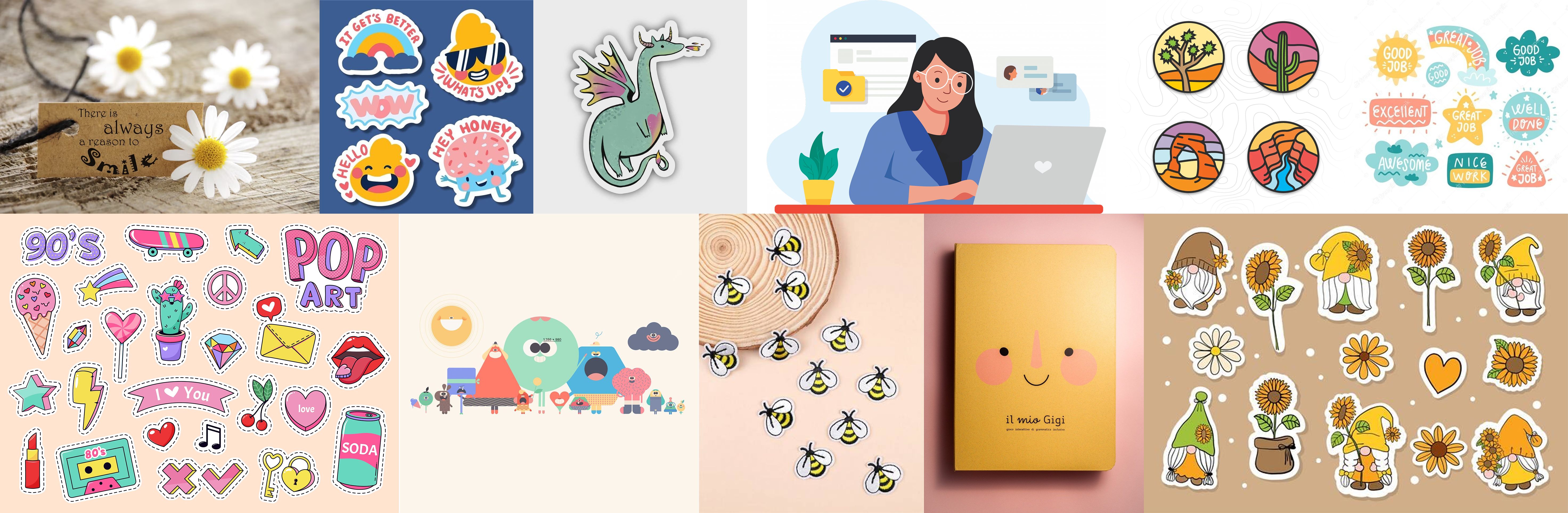 Mood board collage — daisies, pop-art stickers, a woman at a laptop, gnomes with sunflowers, a dragon, encouragement badges, bees, and a pink-cheeked notebook character